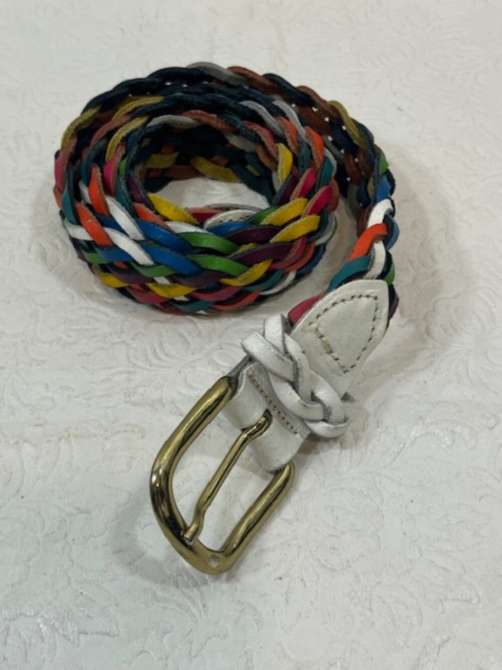 VTG  Capezio Argentina Multicolored Braided Leather Belt Gold Tone Buckle Med